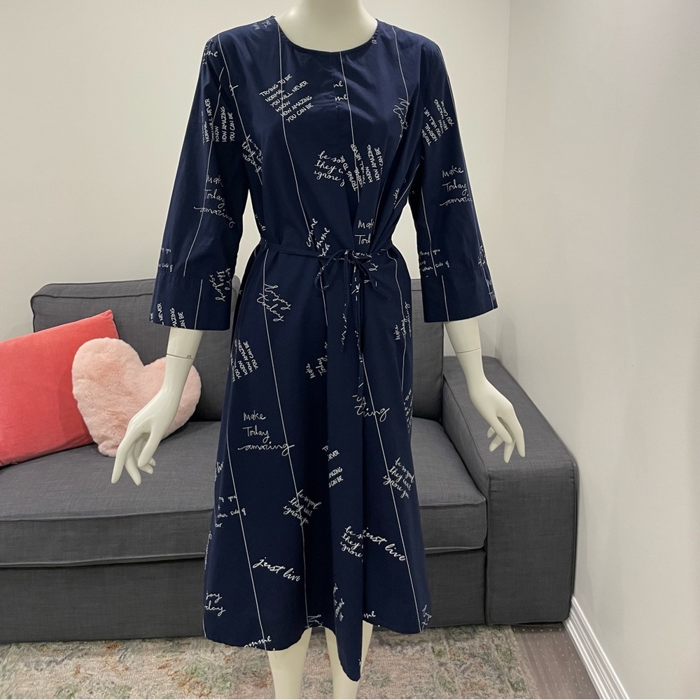 RIVA Dress Size Medium 100% Cotton Navy Blue with Inspirational Quotes in White